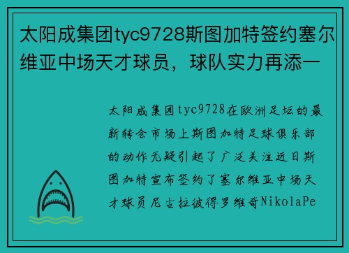 太阳成集团tyc9728斯图加特签约塞尔维亚中场天才球员，球队实力再添一员强援