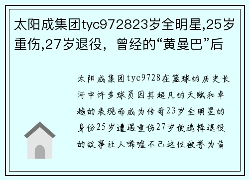 太阳成集团tyc972823岁全明星,25岁重伤,27岁退役，曾经的“黄曼巴”后来去哪了_ - 副本 - 副本